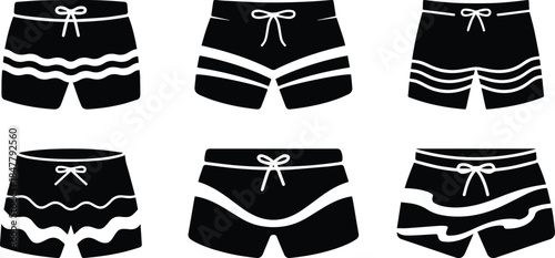 Set of Minimalist black swimming trunks swimsuit silhouette vector icon