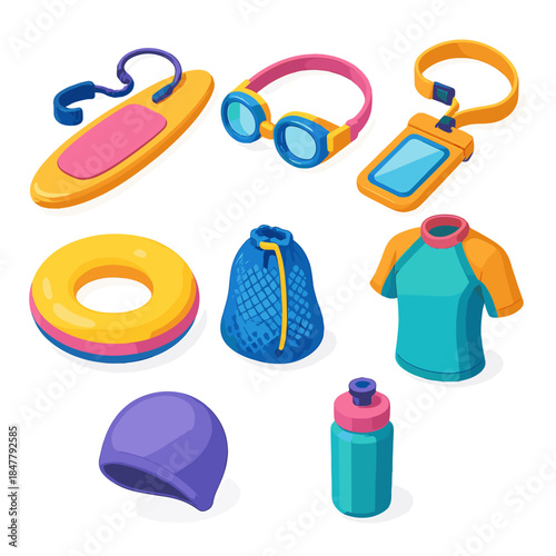 Aquatic Gear Icons. Aquatic Adventure Set flat isometric set: paddleboard leash, swim goggles, waterproof wrist strap, rash guard shirt, float ring, mesh gear bag, swim cap,