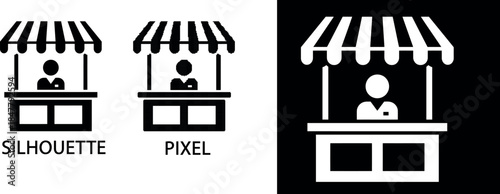 Simple black silhouette and pixel of a market stall depicted as an icon