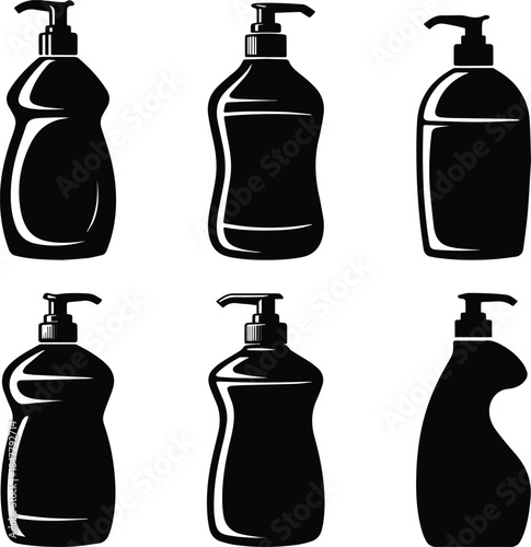 Set of Minimalist black dish soap bottle detergent silhouette vector icon
