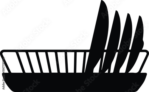 Minimalist black kitchen dish drying rack silhouette vector icon