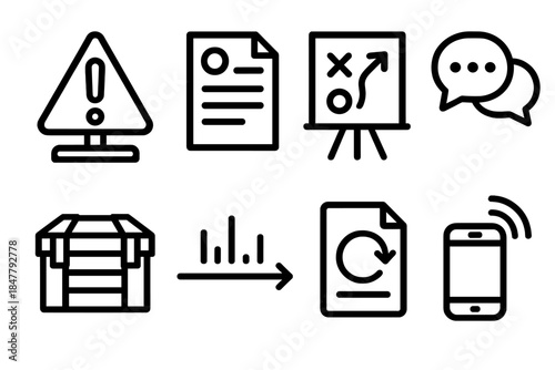 Crisis Response Icons. Crisis response workflow linear set: hazard marker, initial evaluation sheet, strategy board, coordination bubble, supply crate, timeline arrow, recovery