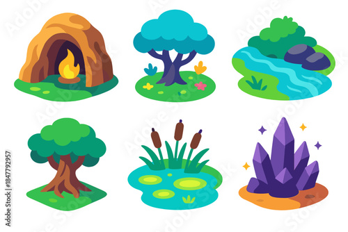 Mystic Isometric Icons. Mystic Dwelling Places isometric flat set: elemental cave, ethereal grove, enchanted brook, ancient tree base, glowing marsh, arcane ridge.