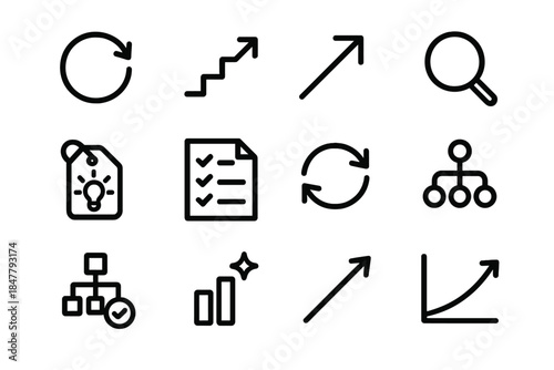 Lean Improvement Icons. Lean Continuous Improvement Icons linear set: kaizen circle, incremental steps, improvement arrow, observation lens, idea tag, standardization sheet, cycle