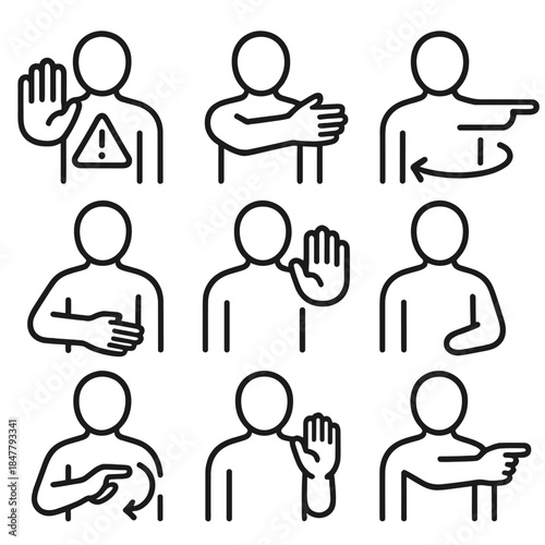 Safety Gesture Icons. Safety communication gestures linear set: hazard warning palm, come-forward cue, step-back sign, directional arc, regroup motion, slow hand roll, reassurance