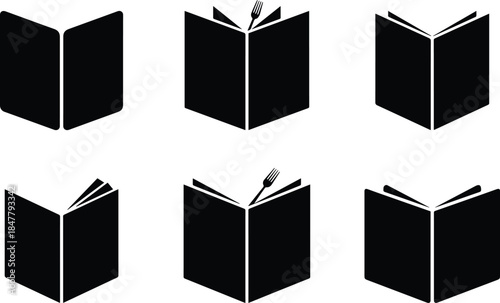 Set of Minimalist black open restaurant menu book silhouette vector icon