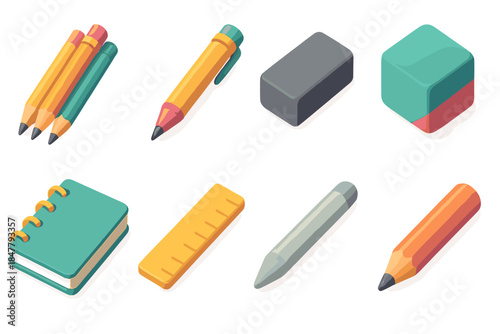 Colorful Art Tools Set. Creative drawing gear flat isometric set: pencil set, fine liner, charcoal tile, eraser cube, sketchpad tile, ruler strip, blending tool, colored pencil