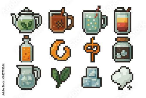 Pixel Beverage Icons. Mixed & Specialty Beverages pixel style set: herbal steep pot, spiced drink mug, sparkling tonic cup, layered smoothie glass, infusion bottle, citrus zest