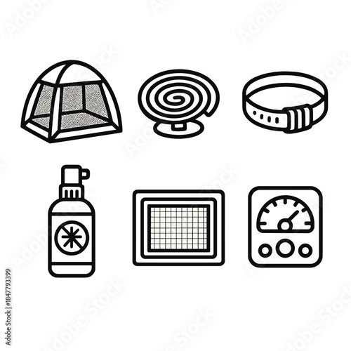Insect Defense Icons. Outdoor Insect Defense Set linear set: mesh tent panel, coil repellent, protective wrist band, bug barrier spray, screened vent, defense meter.