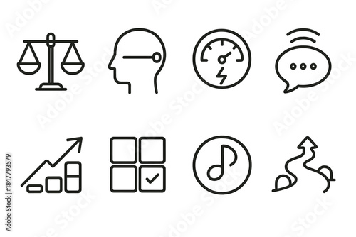 Life Balance Icons. Life Balance Practices linear set: harmony scale icon, mindful boundary bar, time–energy gauge, restorative pause bubble, priority alignment arrow, calm routine