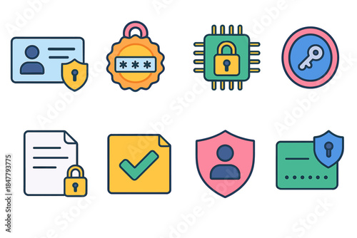 Financial Security Icons. Financial Credential Safety isometric flat set: secure ID card, password seal, encrypted chip symbol, access token, protected document, verification note,