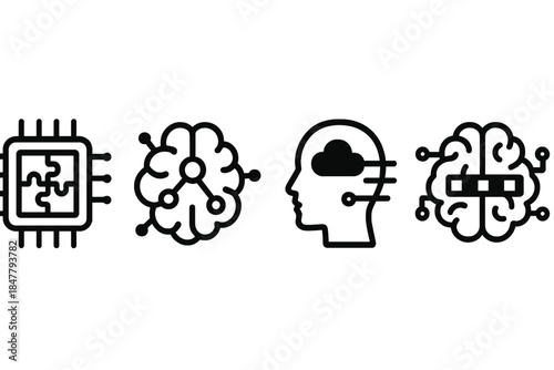 AI Architecture Icons. Innovative AI Architectures linear set: concept-fusion block, adaptive-creation bead, dynamic-thought strip.