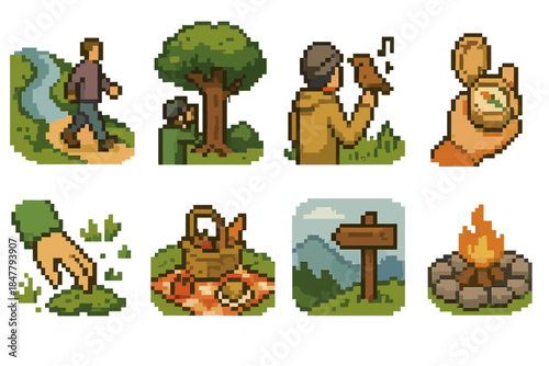 Nature Activity Icons. Fresh-Air Activity Elements set of icons in flat pixel vector style: riverbank walk, forest photography, bird song listener, trail compass, moss patch find,