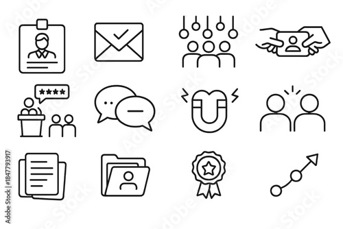 Career Icons Collection. Career Connection Activities linear set: elevator pitch card, follow-up note, networking mixer spot, contact exchange symbol, industry talk stage,