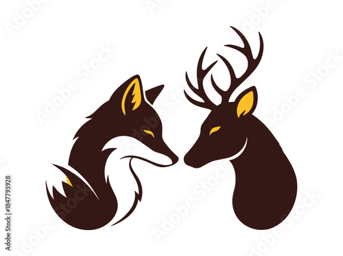 Fox and deer facing each other in a graphic illustration