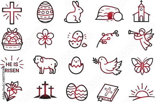 A collection of easter related line art icons including eggs bunnies crosses flowers and religious symbols on transparent background high-quality