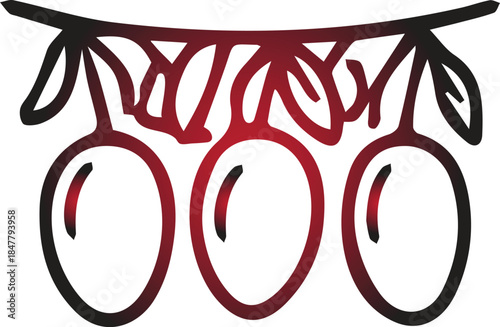 A detailed illustration of three dark red plums with black outlines and stems showcasing a simple yet elegant fruit design on transparent background