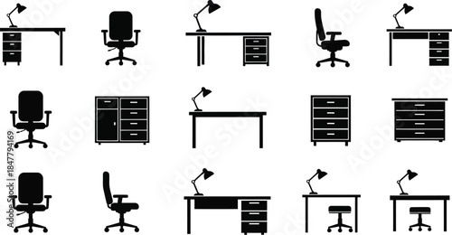 Office furniture desks, drawers, desk lamp, office chairs swivel and task chairs vector illustration icon silhouette set. 