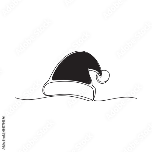 A minimalist black and white line drawing of a classic santa claus hat