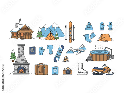 Winter travel essentials and mountain landscape elements