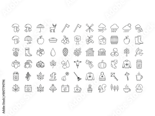 Collection of autumn and harvest season icons in simple line style