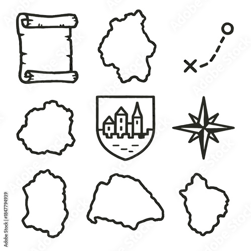 Black Line Map Icons. Cartographic Heritage Set linear set: aged sheet, region sketch, travel line, settlement emblem, border contour, orientation symbol.