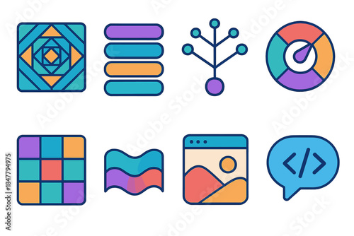 Colorful Isometric Icons. Algorithmic Art Engine Set flat isometric set: pattern-evolution module, rule-based stroke bar, fractal growth node, randomized variation dial, generative