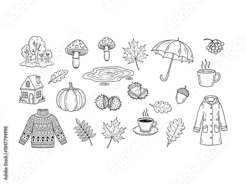 Cozy autumn elements set with warm clothing and beverages