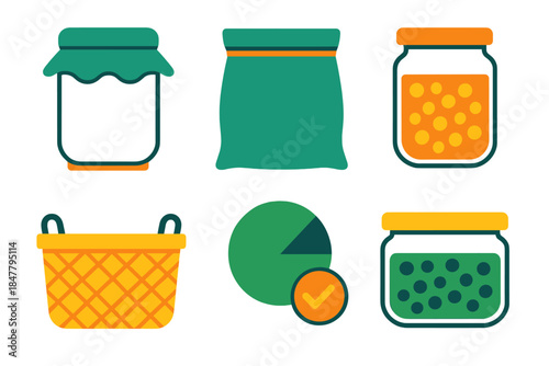 Eco-Friendly Kitchen Icons. Sustainable Kitchen Storage flat set: glass canister, cloth cover, reusable pouch, bamboo-lid jar, storage basket, freshness indicator.
