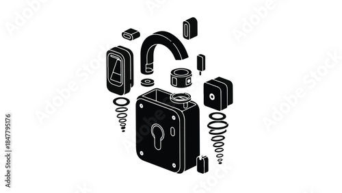 Disassembled lock parts floating in air on white background