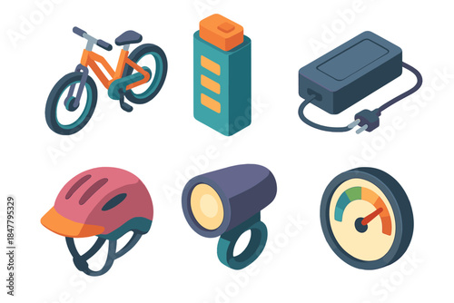 E-Bike Icon Set. E-Bike Essentials flat isometric set: electric bike icon, battery pack, charger tile, helmet, LED headlight, speedometer gauge.