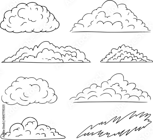 Collection of Hand-Drawn Cloud Illustrations in Black and White