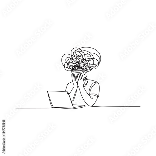 Overwhelmed individual with messy thoughts sits before a laptop in a linear drawing