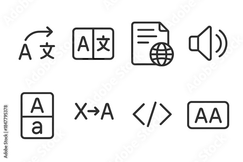 Multilingual Utility Icons. Multilingual Utility Elements linear set: translation arrow, dual-language card, context guide sheet, sound pronunciation icon, dictionary snippet,