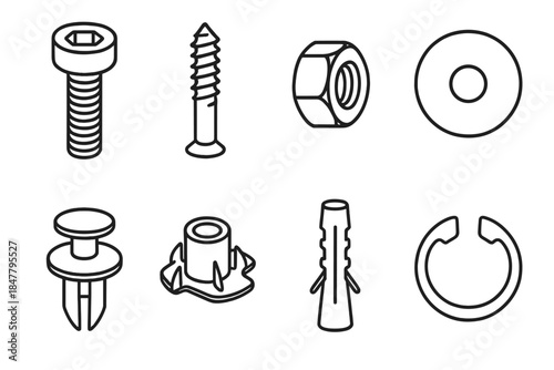 Fasteners Icon Set. Mechanical fastener set linear set: socket bolt, lag screw, nyloc nut, fender washer, snap rivet, T-nut, wall anchor, retaining ring.