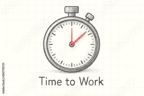 Pencil Sketch Stopwatch. A vector graphic of a time clock or stopwatch, drawn in a precise yet handwritten graphite pencil sketch style. The illustration is placed on a subtly grid
