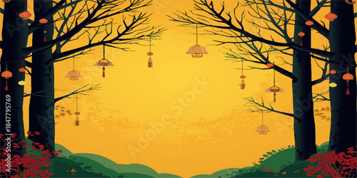 Orange autumn landscape vector illustration featuring a sunset forest with tree silhouettes and falling leaves under a glowing sky