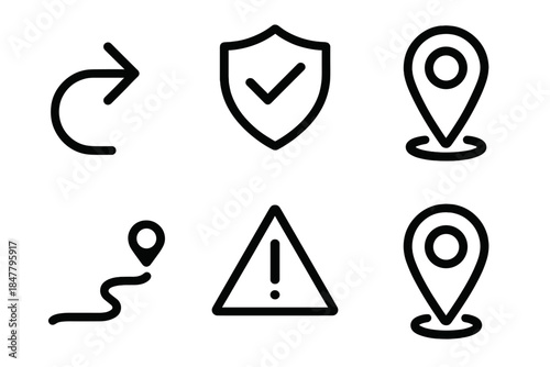 Navigation Icon Set. Safe Route Navigation Elements linear set: path arrow, safety shield, waypoint marker, clear trail line, caution icon, destination pin.