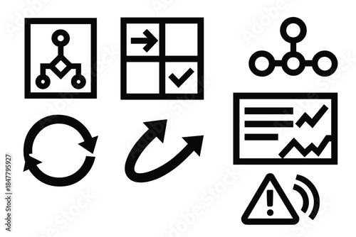 Algorithmic Governance Icons. Algorithmic Governance Dynamics silhouette set: automated decision node, rule-based flow tile, compliance-check bar, feedback loop ring, adaptive