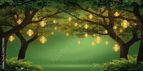 Vibrant autumn foliage covers a golden tree in a peaceful park landscape as orange and yellow leaves decorate the branches during the beautiful fall season outdoors