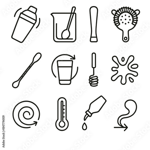 Mixing Tool Icons. Mixing Techniques linear set: shake tin, stirring glass, muddler tool, strainer, layering spoon, rolling mix arrow, foam whisk icon, splash pattern, swirl blend