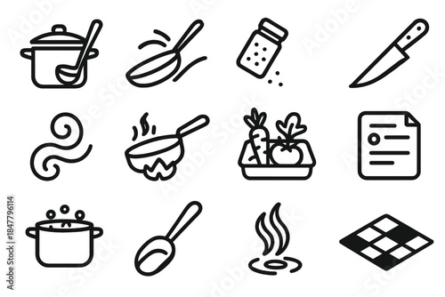 Cooking Icon Set. Cooking Concepts Set linear set: pot-and-ladle symbol, sauté motion, spice blend jar, prep knife line, mixing swirl, simmer flame, fresh ingredient tray, recipe