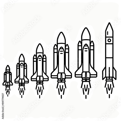 [Vector EPS]Illustration of various rocket models showing different stages of space vehicle development