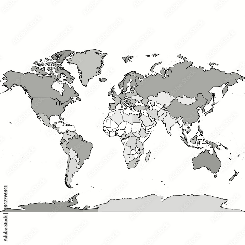 Obraz premium [Vector EPS]World map showing different countries and regions in gray tones
