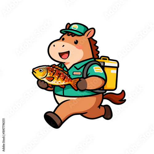 [Vector EPS]Cute cartoon horse courier carrying a fish running quickly