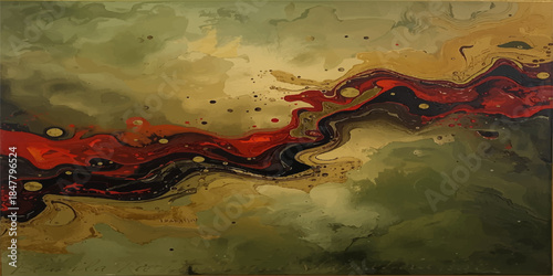 An abstract grunge paper texture design featuring a dirty red paint pattern and old wall effects with a sunset light vector landscape