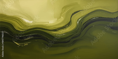 An abstract green background features flowing waves of blue and gold liquid with a 3d metal texture and ripple patterns for a wavy motion art design