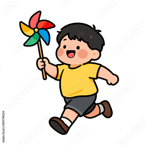 [Vector EPS]A cheerful boy running with a colorful pinwheel in hand