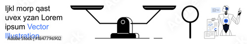 Artificial intelligence, decision-making, data analysis, technological advancements, problem-solving, justice. Robot figure examining scales and a magnifying glass. Artificial intelligence