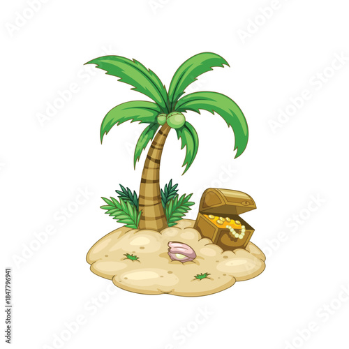 Tropical Island Paradise with Palm Tree, Open Treasure Chest, and Golden Riches